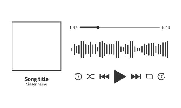 illustrations, cliparts, dessins animés et icônes de conception de l’interface du lecteur de musique avec cadre photo de la chanson, différents boutons, barre de chargement avec minuterie et égaliseur de son. variation horizontale. illustration graphique vectorielle - podcast